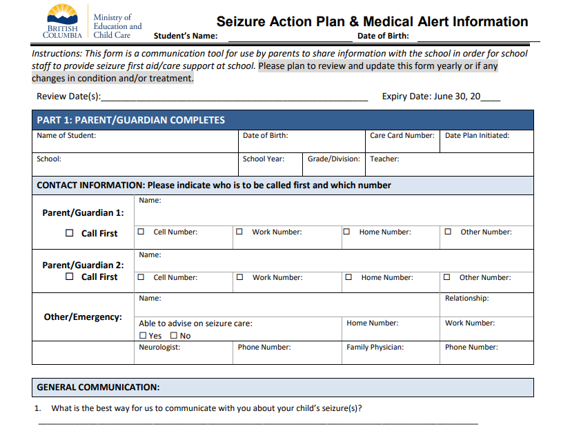 Seizure care plan